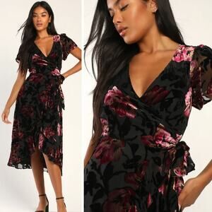 🚨NEW LULUS Chic Status Black Floral Velvet Burnout Wrap Midi Dress Wedding Sz S